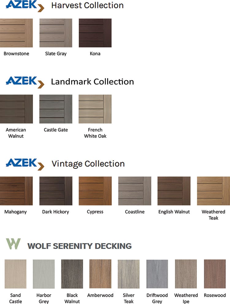 Wolf Decking and Azek Deck color samples