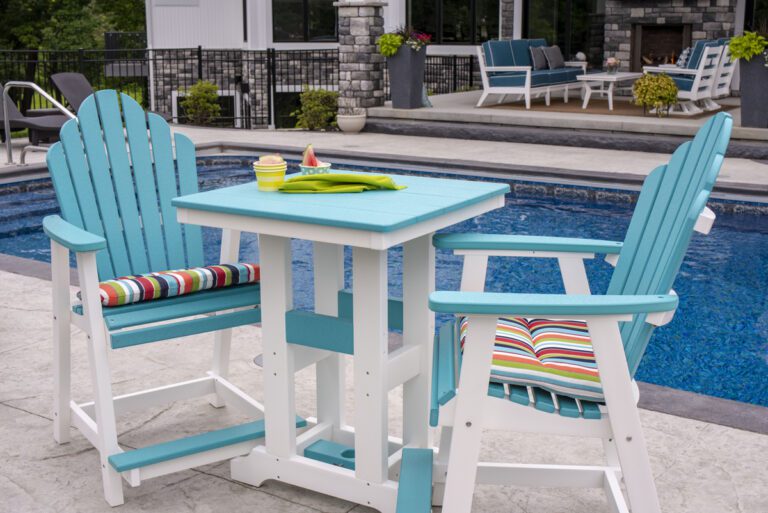 28 Inch Square Garden Classic Table and Cozi Back Counter Chair Aruba Blue on White