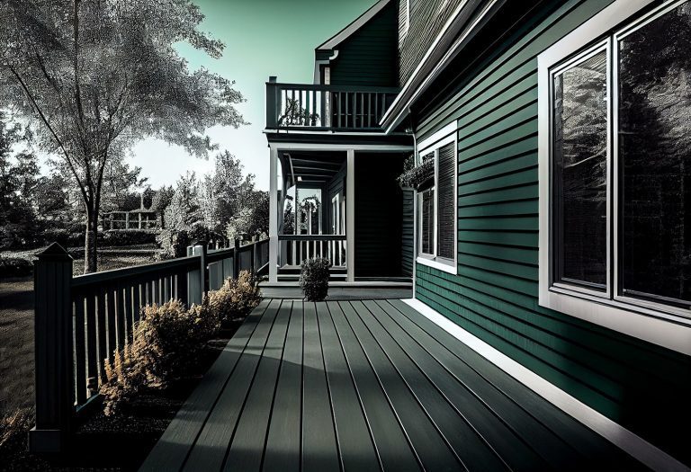 A clean, white vinyl railing with a decorative top rail shown on a sunny backyard deck with patio furniture.